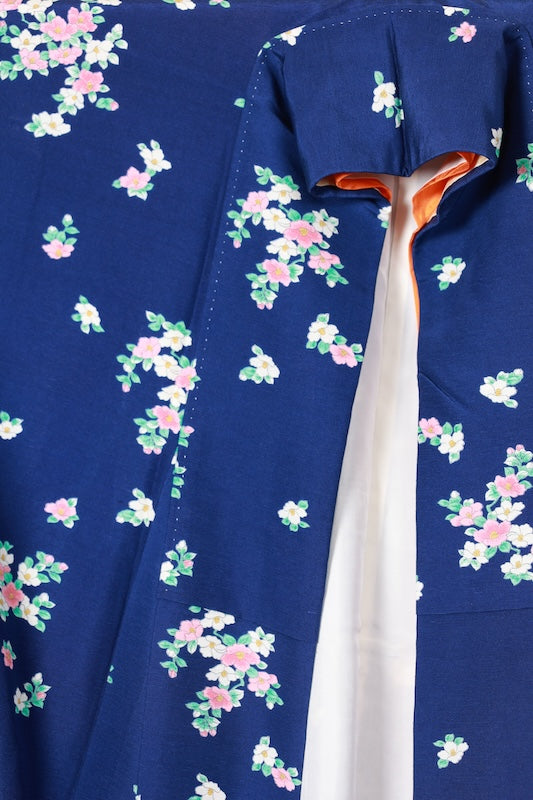 Tsumugi silk fabric(Japan used kimono), navy blue, green, white, pink, floral pattern, hand-dyed, R153