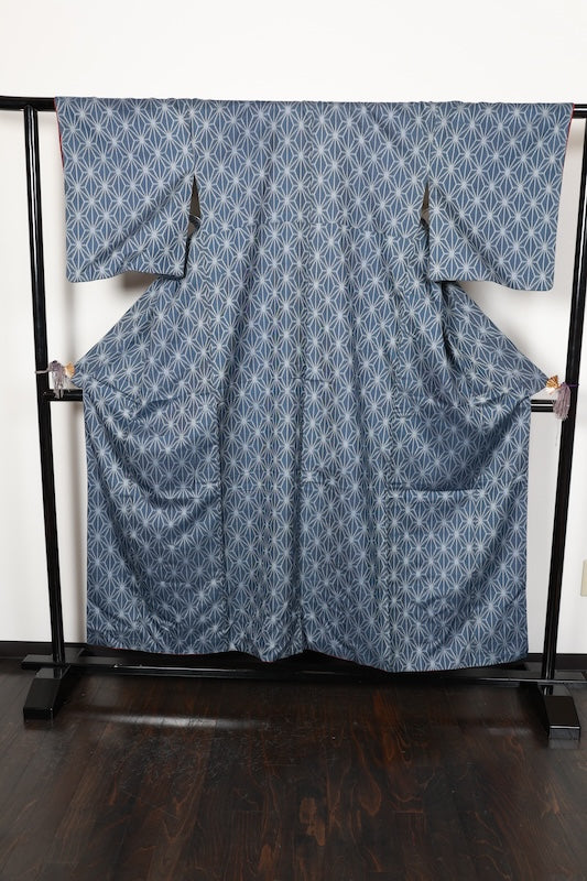 Tsumugi silk(Japan used kimono fabric), indigo, gray, ikat weave, hemp leaf pattern, R173