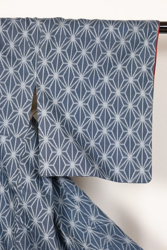 Tsumugi silk(Japan used kimono fabric), indigo, gray, ikat weave, hemp leaf pattern, R173
