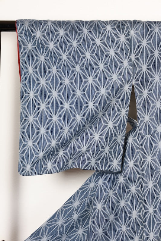 Tsumugi silk(Japan used kimono fabric), indigo, gray, ikat weave, hemp leaf pattern, R173