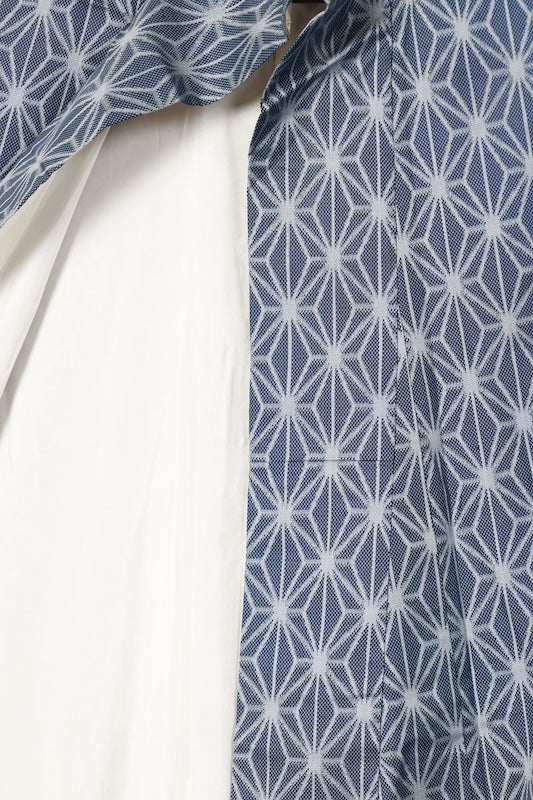 Tsumugi silk(Japan used kimono fabric), indigo, gray, ikat weave, hemp leaf pattern, R173