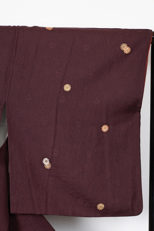 Japan used kimono fabric, red, brown, purple, gold, red chrysanthemum, continuous pattern throughout, R162