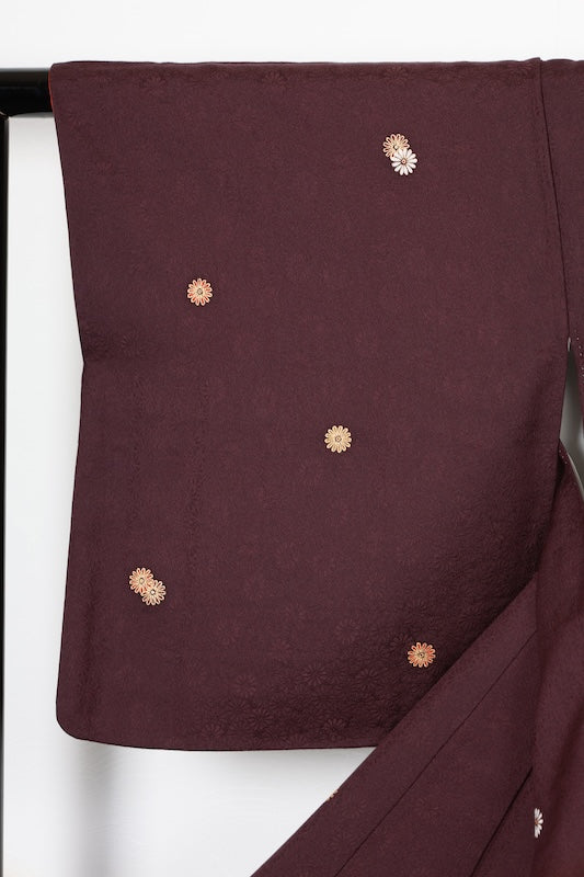 Japan used kimono fabric, red, brown, purple, gold, red chrysanthemum, continuous pattern throughout, R162