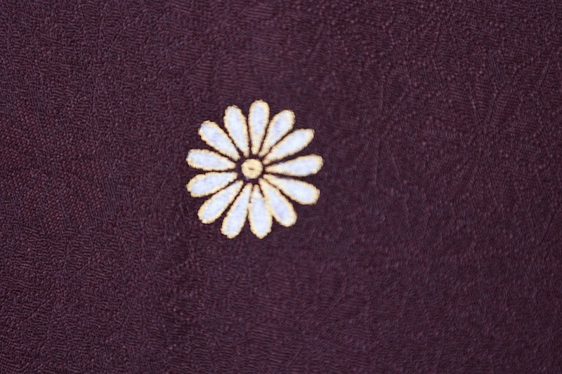 Japan used kimono fabric, red, brown, purple, gold, red chrysanthemum, continuous pattern throughout, R162