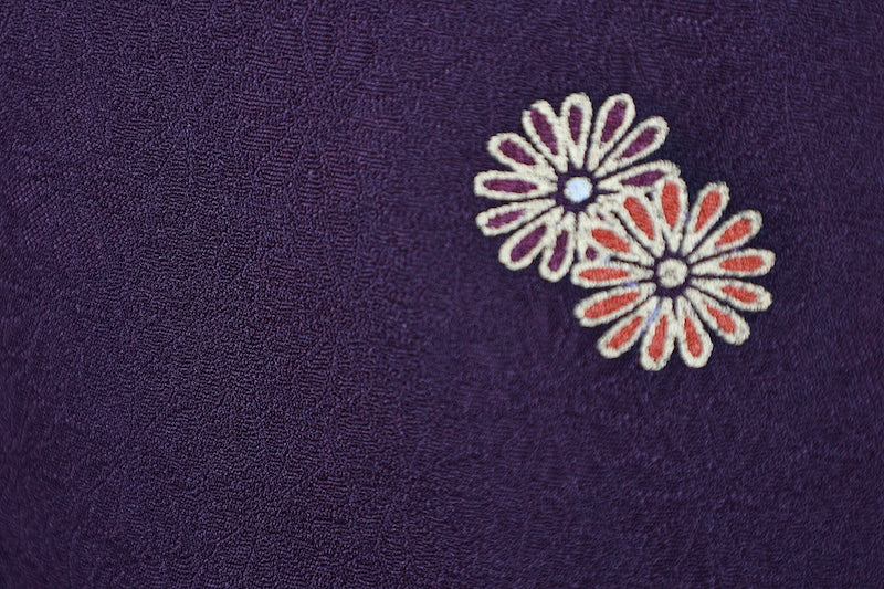Japan used kimono fabric, red, brown, purple, gold, red chrysanthemum, continuous pattern throughout, R162