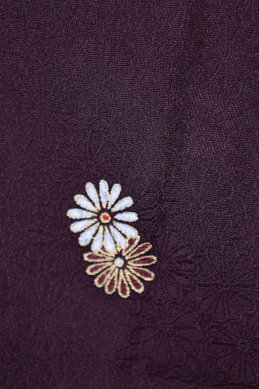 Japan used kimono fabric, red, brown, purple, gold, red chrysanthemum, continuous pattern throughout, R162