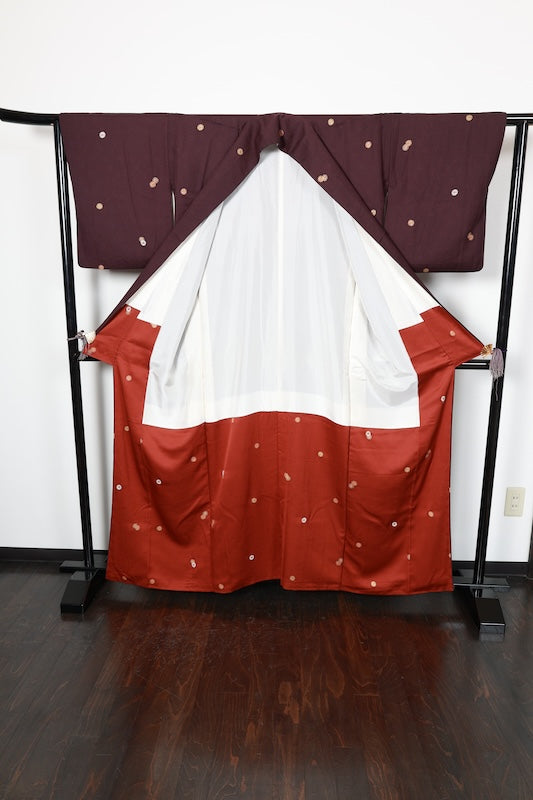 Japan used kimono fabric, red, brown, purple, gold, red chrysanthemum, continuous pattern throughout, R162