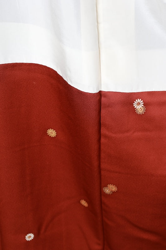 Japan used kimono fabric, red, brown, purple, gold, red chrysanthemum, continuous pattern throughout, R162