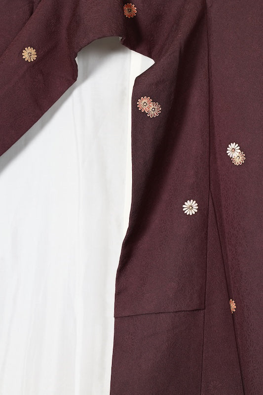 Japan used kimono fabric, red, brown, purple, gold, red chrysanthemum, continuous pattern throughout, R162