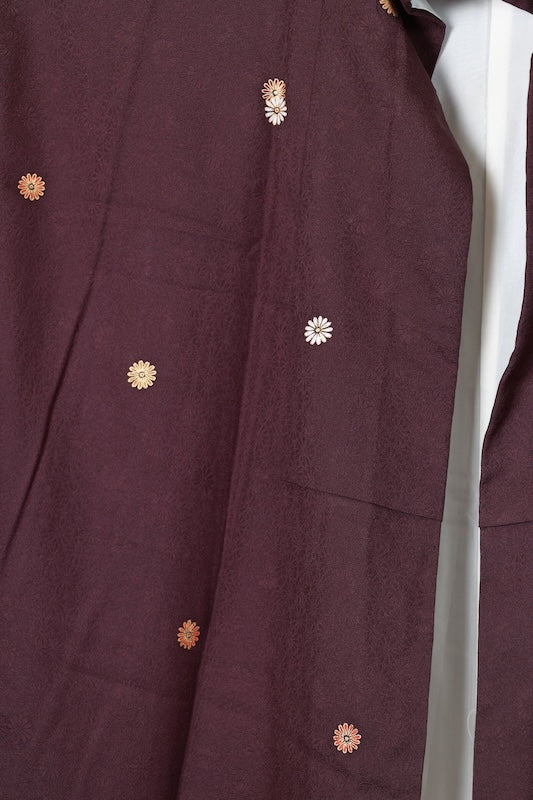 Japan used kimono fabric, red, brown, purple, gold, red chrysanthemum, continuous pattern throughout, R162