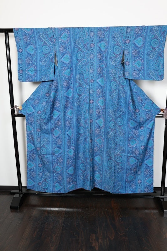Japan used kimono  fabric, Sarasa design, blue, shades of purple, green, brown, R174