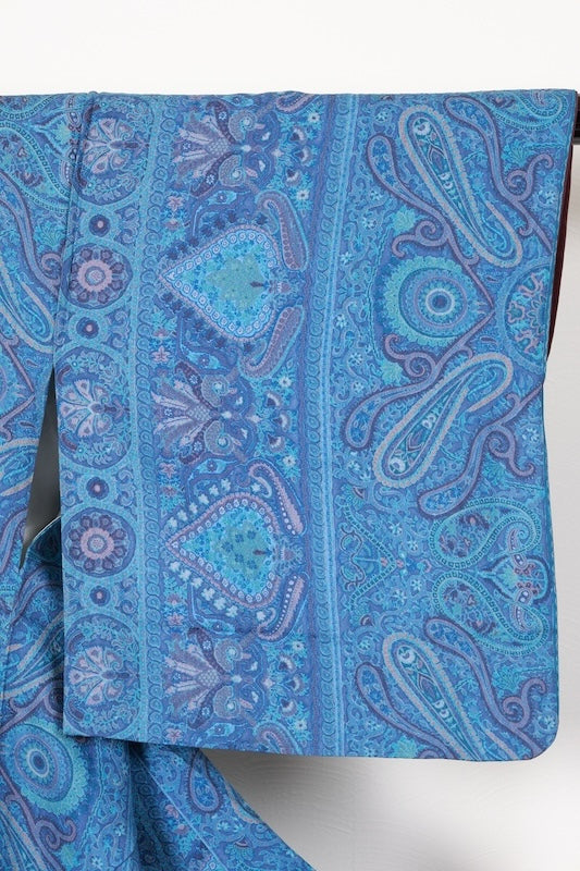 Japan used kimono  fabric, Sarasa design, blue, shades of purple, green, brown, R174