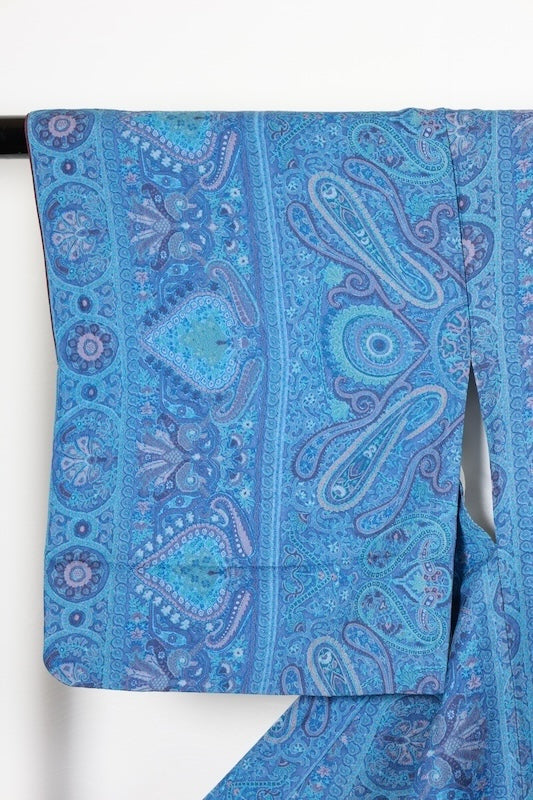 Japan used kimono  fabric, Sarasa design, blue, shades of purple, green, brown, R174
