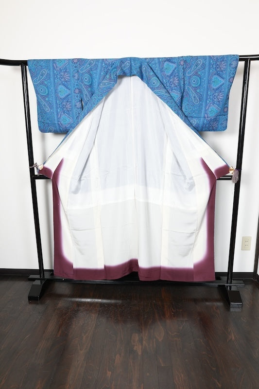 Japan used kimono  fabric, Sarasa design, blue, shades of purple, green, brown, R174
