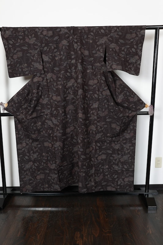 Tokamachi Tsumugi silk(used kimono fabric), brown, purple, indigo, floral and butterfly pattern, ikat weave, handwoven, R175