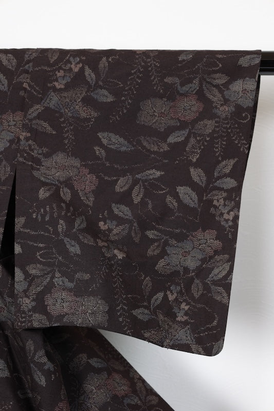 Tokamachi Tsumugi silk(used kimono fabric), brown, purple, indigo, floral and butterfly pattern, ikat weave, handwoven, R175