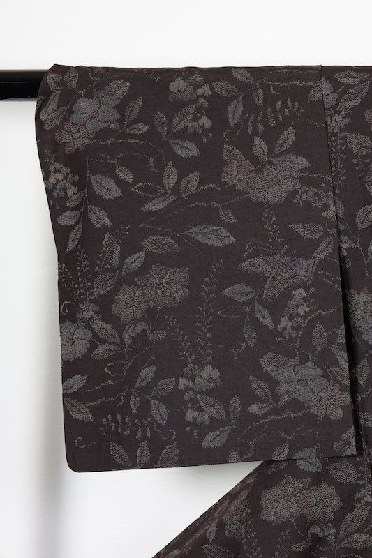 Tokamachi Tsumugi silk(used kimono fabric), brown, purple, indigo, floral and butterfly pattern, ikat weave, handwoven, R175