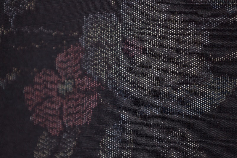 Tokamachi Tsumugi silk(used kimono fabric), brown, purple, indigo, floral and butterfly pattern, ikat weave, handwoven, R175