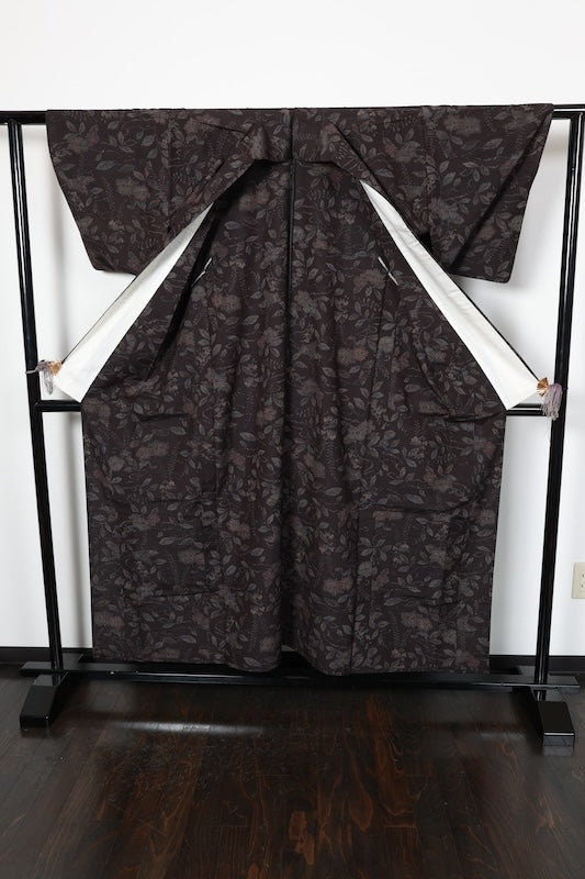 Tokamachi Tsumugi silk(used kimono fabric), brown, purple, indigo, floral and butterfly pattern, ikat weave, handwoven, R175