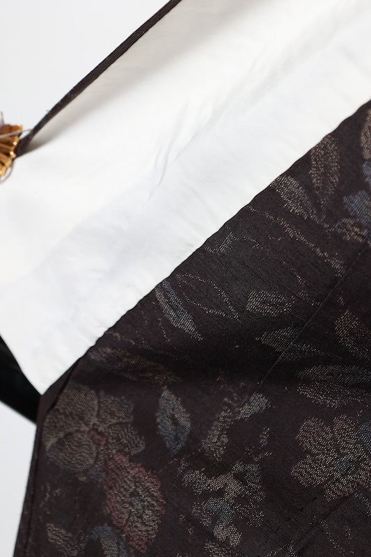Tokamachi Tsumugi silk(used kimono fabric), brown, purple, indigo, floral and butterfly pattern, ikat weave, handwoven, R175