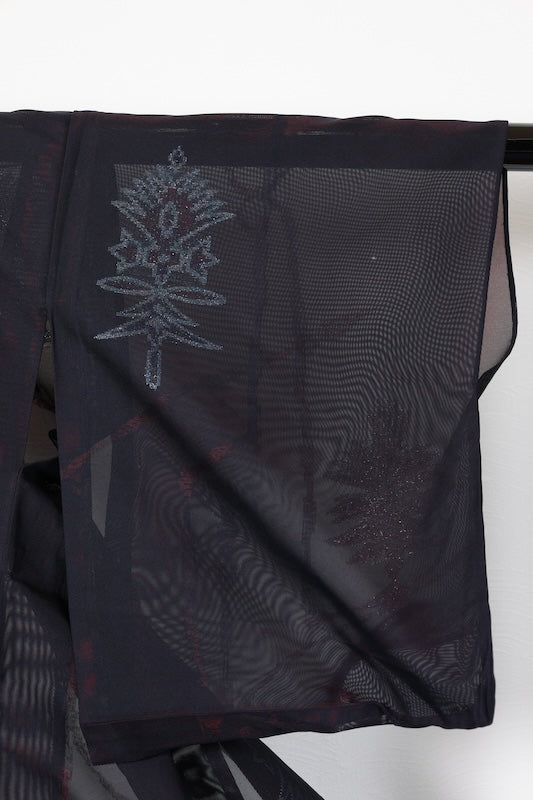 Komon (Japan used kimono silk fabric), Monsha (patterned gauze), Nishijin weave, black, red, silver, Tang flower pattern, R211