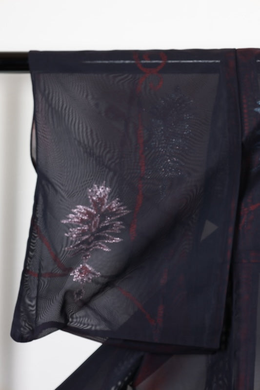 Komon (Japan used kimono silk fabric), Monsha (patterned gauze), Nishijin weave, black, red, silver, Tang flower pattern, R211