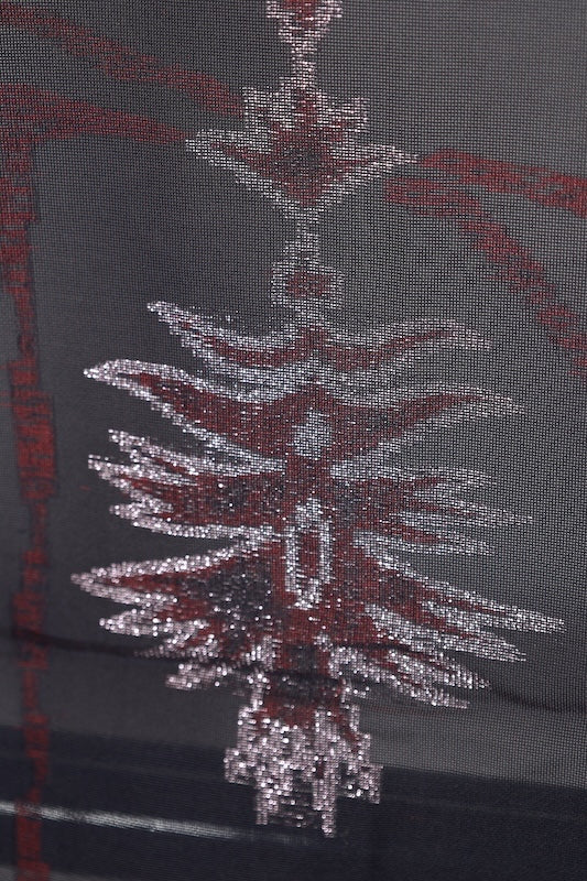 Komon (Japan used kimono silk fabric), Monsha (patterned gauze), Nishijin weave, black, red, silver, Tang flower pattern, R211