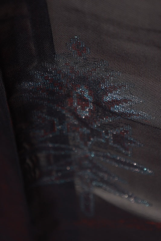 Komon (Japan used kimono silk fabric), Monsha (patterned gauze), Nishijin weave, black, red, silver, Tang flower pattern, R211