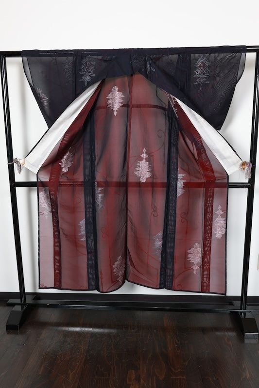 Komon (Japan used kimono silk fabric), Monsha (patterned gauze), Nishijin weave, black, red, silver, Tang flower pattern, R211