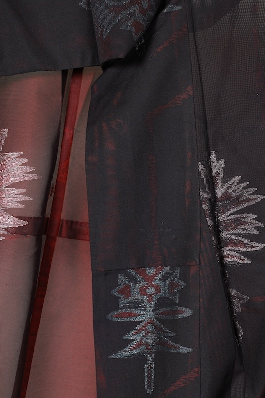 Komon (Japan used kimono silk fabric), Monsha (patterned gauze), Nishijin weave, black, red, silver, Tang flower pattern, R211