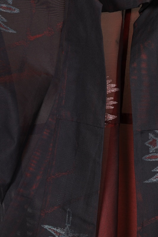 Komon (Japan used kimono silk fabric), Monsha (patterned gauze), Nishijin weave, black, red, silver, Tang flower pattern, R211