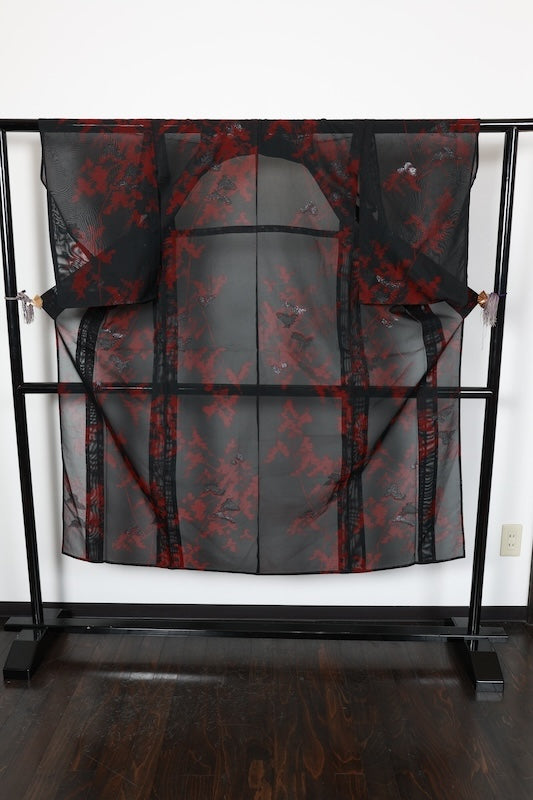 Summer Komon (used kimono fabric), Monsha (sha weave), Nishijin weave, black, red, silver, floral pattern, R210