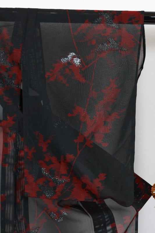 Summer Komon (used kimono fabric), Monsha (sha weave), Nishijin weave, black, red, silver, floral pattern, R210