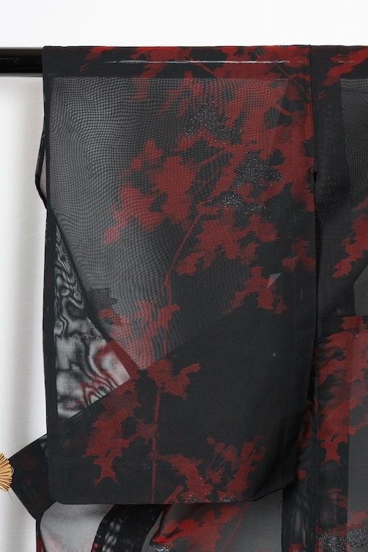 Summer Komon (used kimono fabric), Monsha (sha weave), Nishijin weave, black, red, silver, floral pattern, R210