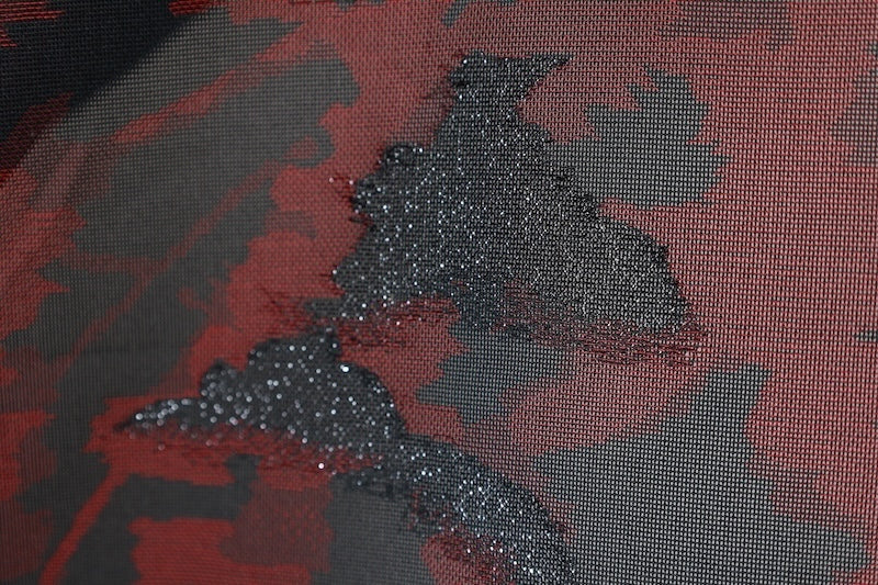 Summer Komon (used kimono fabric), Monsha (sha weave), Nishijin weave, black, red, silver, floral pattern, R210