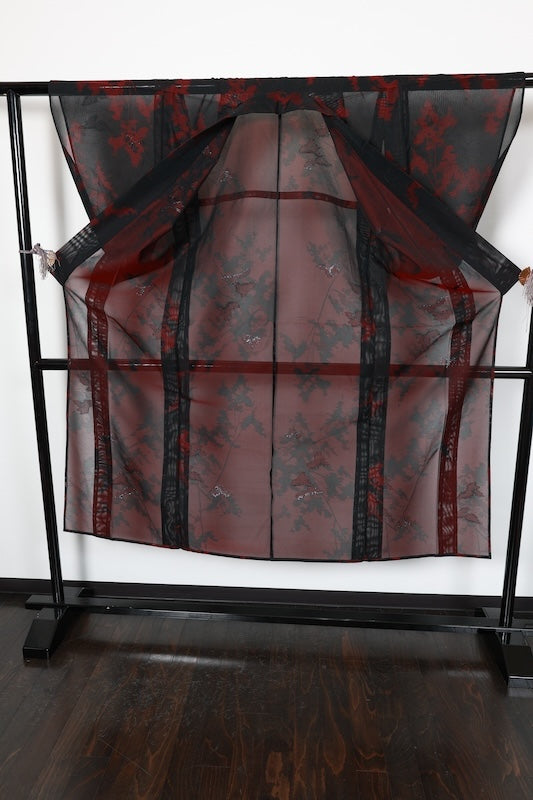 Summer Komon (used kimono fabric), Monsha (sha weave), Nishijin weave, black, red, silver, floral pattern, R210