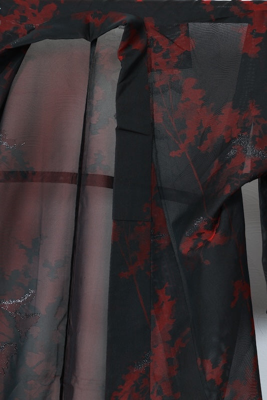 Summer Komon (used kimono fabric), Monsha (sha weave), Nishijin weave, black, red, silver, floral pattern, R210