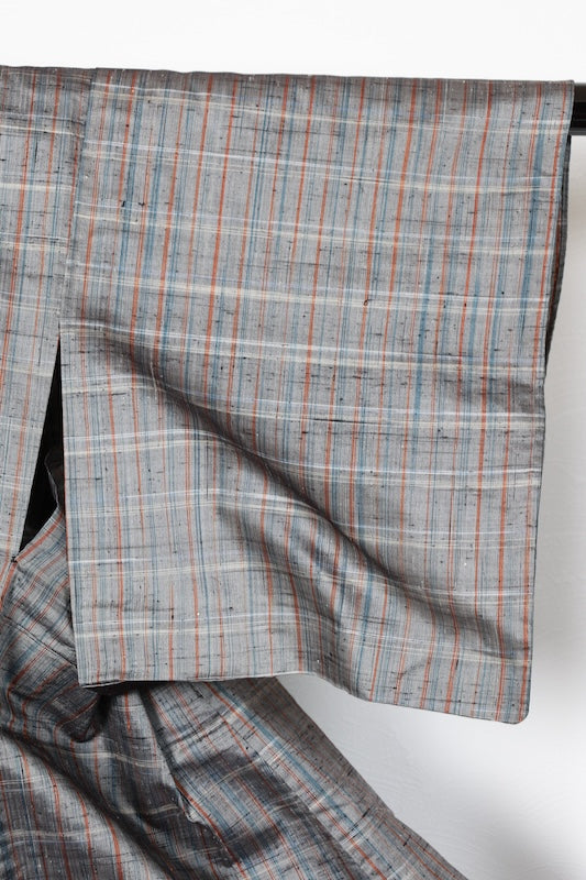 Tokamachi Tsumugi (Japan used kimono) silk fabric, gray, indigo, brown, checkered pattern, R200
