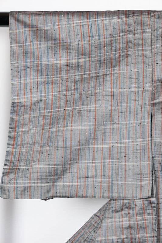 Tokamachi Tsumugi (Japan used kimono) silk fabric, gray, indigo, brown, checkered pattern, R200