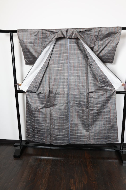 Tokamachi Tsumugi (Japan used kimono) silk fabric, gray, indigo, brown, checkered pattern, R200