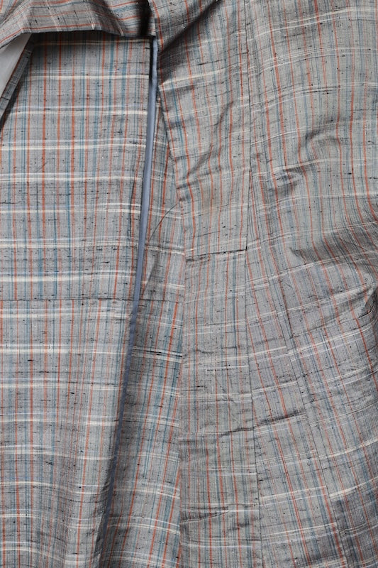 Tokamachi Tsumugi (Japan used kimono) silk fabric, gray, indigo, brown, checkered pattern, R200