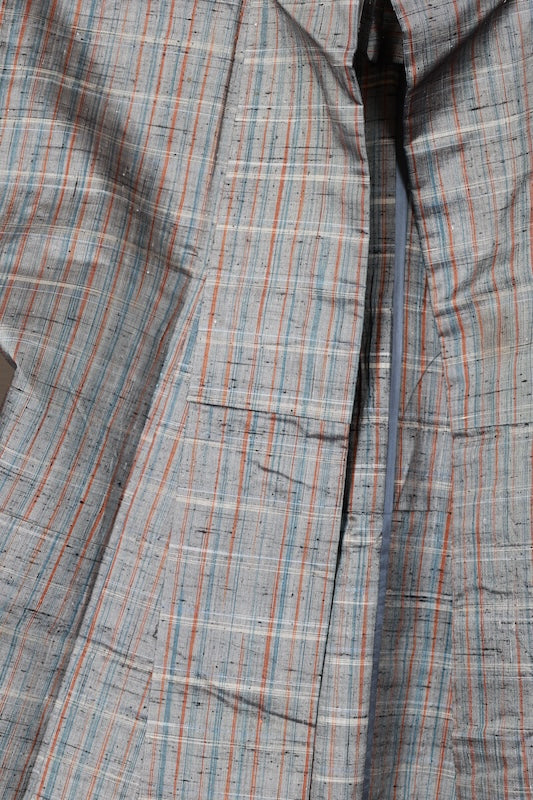 Tokamachi Tsumugi (Japan used kimono) silk fabric, gray, indigo, brown, checkered pattern, R200