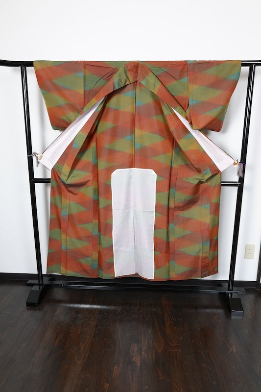 Tsumugi(Japan used kimono) silk fabric, brown and shades of green, R177