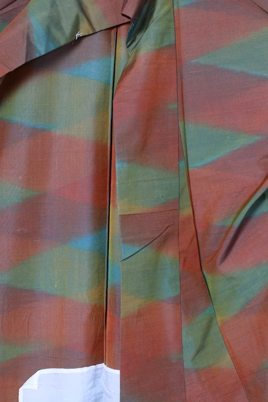 Tsumugi(Japan used kimono) silk fabric, brown and shades of green, R177