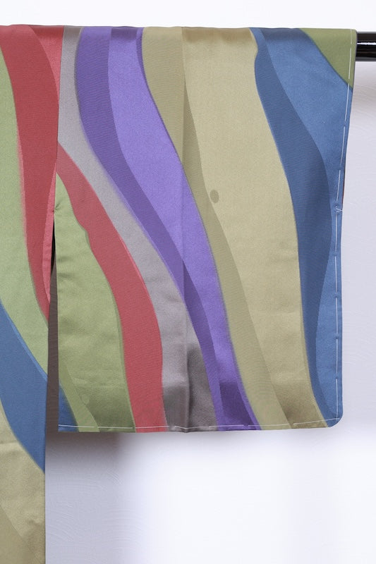 Michiyuki coat, brand new, unused. Available in green, gray, purple, blue, and brown. Features a wavy stripe pattern. (R201)