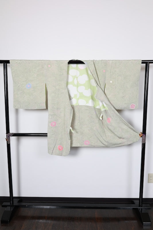 Michiyuki coat (traditional Japanese used jacket) - shades of green, purple, blue, white, coral, suminagashi (marbling), floral pattern - R190