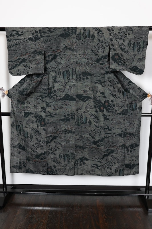 Tokamachi Tsumugi(Japan used kimono silk fabric), gray/ink black,  handwoven, R194