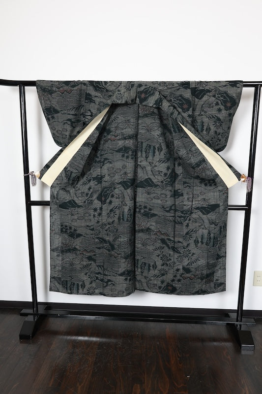 Tokamachi Tsumugi(Japan used kimono silk fabric), gray/ink black,  handwoven, R194
