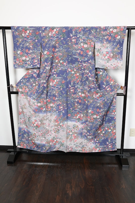 Komon (Japan used kimono silk fabric) - Blue-purple, gray, red, purple, indigo, brown - floral pattern,  Kyo-Yuzen (Kyoto-style dyeing) - R195