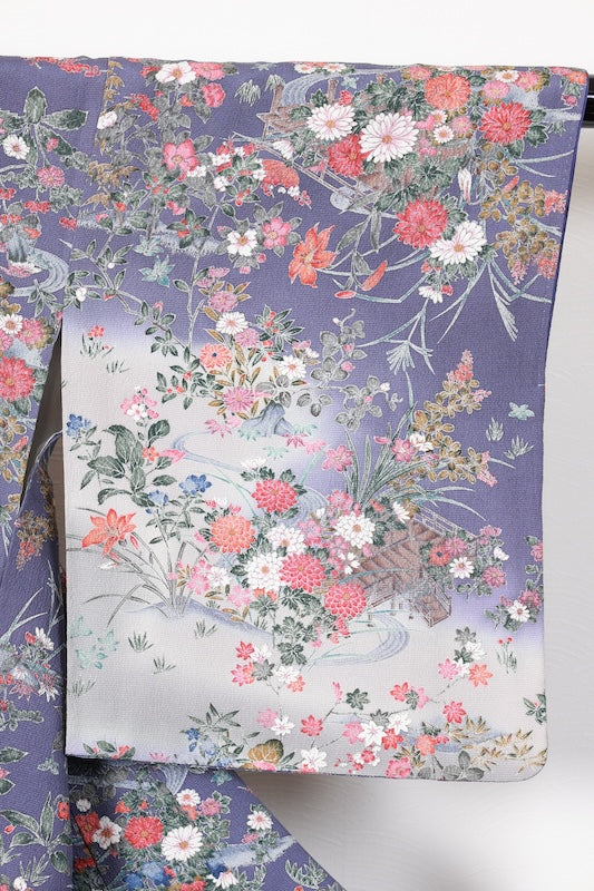 Komon (Japan used kimono silk fabric) - Blue-purple, gray, red, purple, indigo, brown - floral pattern,  Kyo-Yuzen (Kyoto-style dyeing) - R195